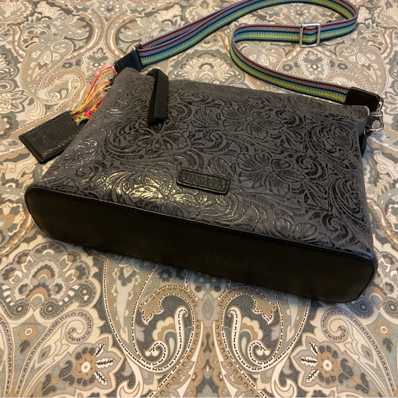 NWOT Rare Consuela Downtown Steely Crossbody Bag Tooled Leather Charcoal - Picture 10 of 16